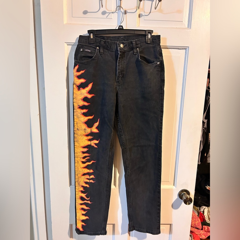 Hand painted Black Jeans with Orange Flame Design